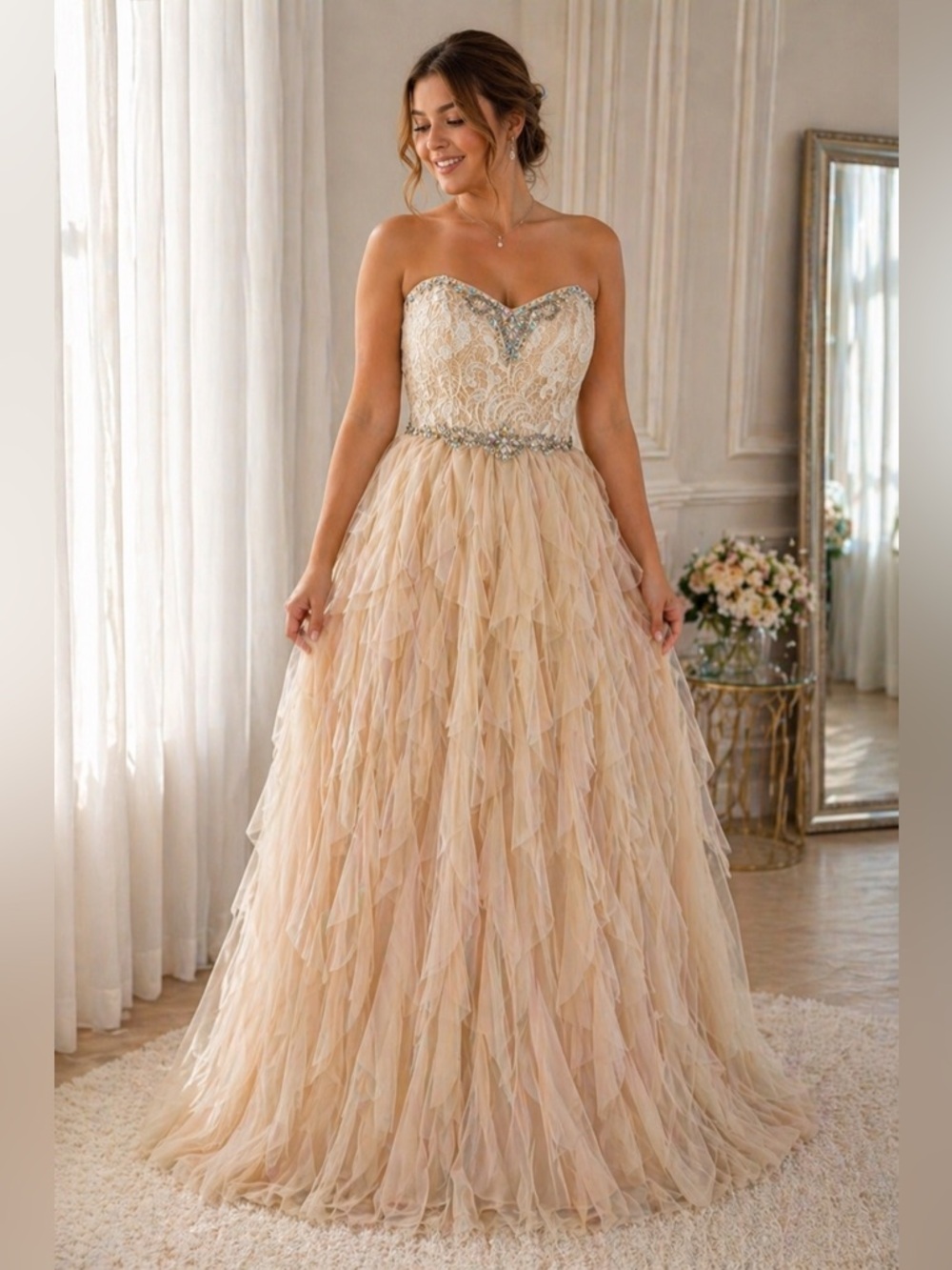 Masquerade Champagne Blush Beaded Lace Tulle Formal Gown Prom Wedding Plus 19